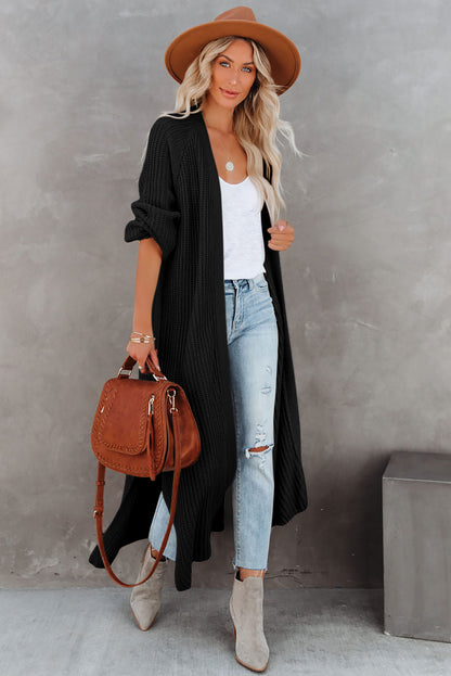 Beige Cable Knit Side Slits Open Front Duster Cardigan