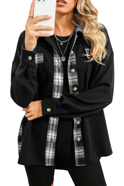 Black Plaid and Thermal Waffle Patchwork Shacket