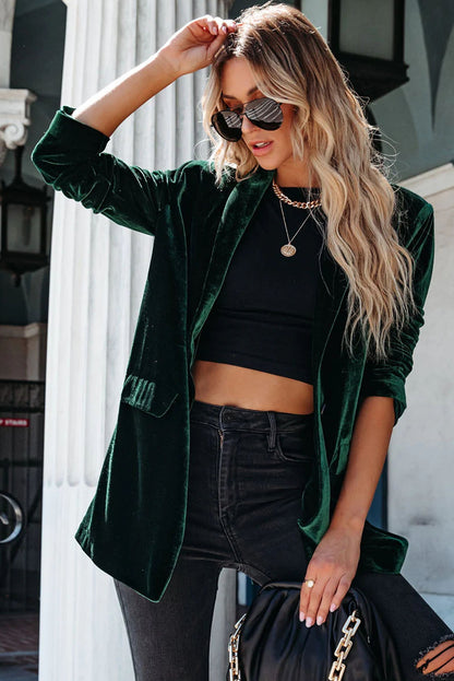 Green Lapel Collar Velvet Blazer with Flap Pockets