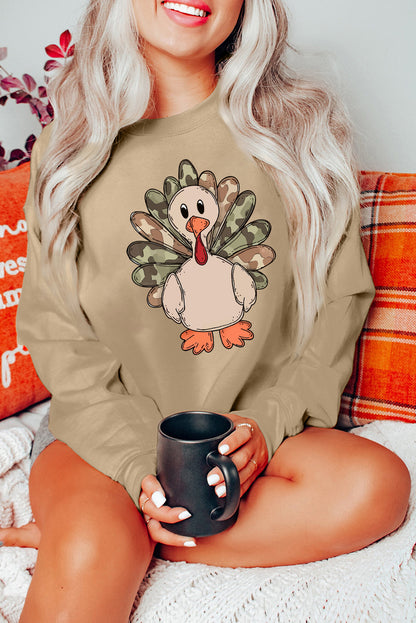 Khaki Camouflage Turkey Heat Transfer Printing Graphic Sweatshirt