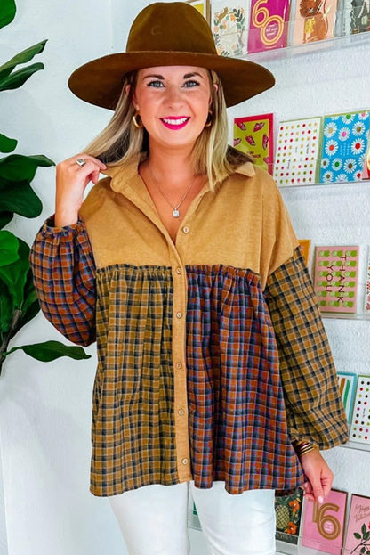 Khaki Yellow Plaid Frill Trim Lantern Sleeve Babydoll Shirt