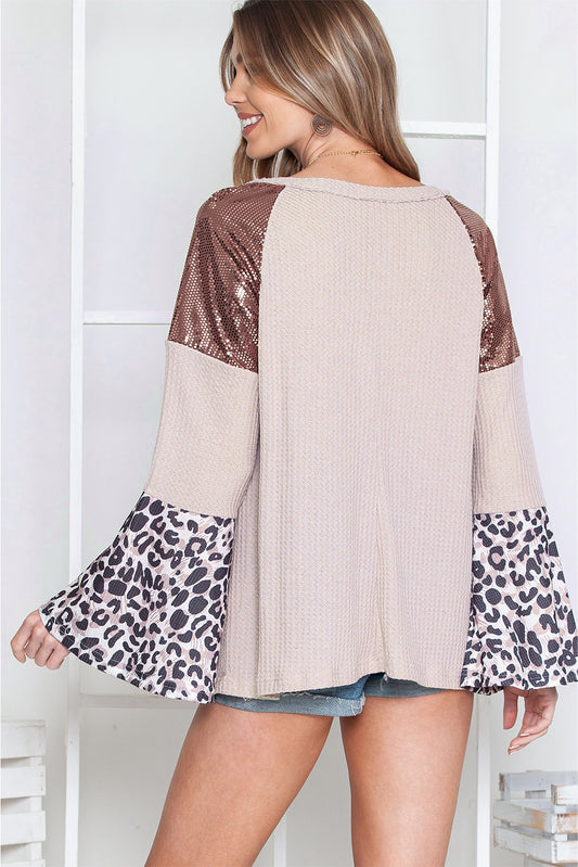 Leopard Sequin Patchwork Bell Sleeve V Neck Tunic Top