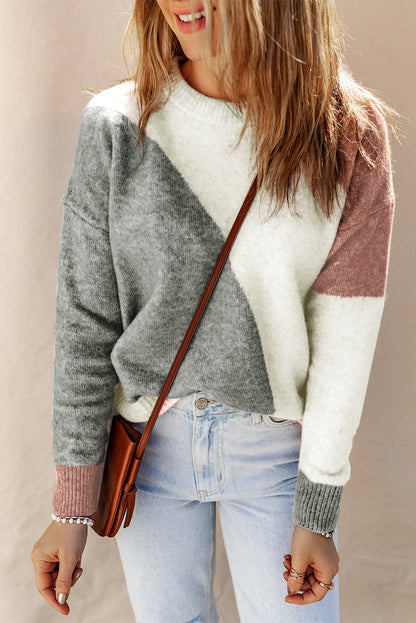 Multicolor Colorblock Ribbed Trim Round Neck Sweater