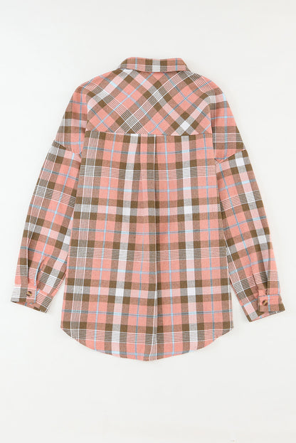 Pink Drop Shoulder Rounded Hem Plaid Pattern Shirt