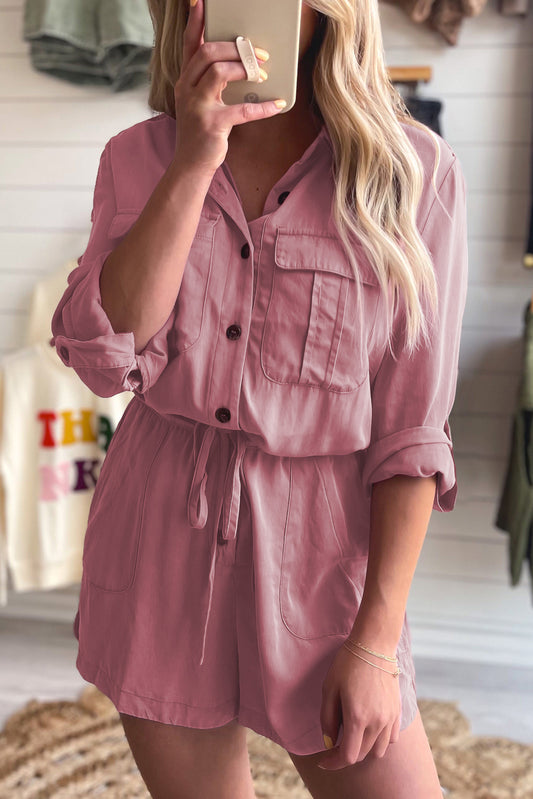 Pink Roll-up Sleeve Flap Pockets Drawstring Romper