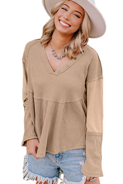 Light French Beige Waffle Patchwork Button Detail Exposed Seam Top