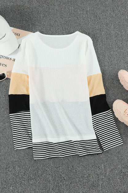 Color Block Stripes Trim Patchwork Casual Textured Long Sleeve Top