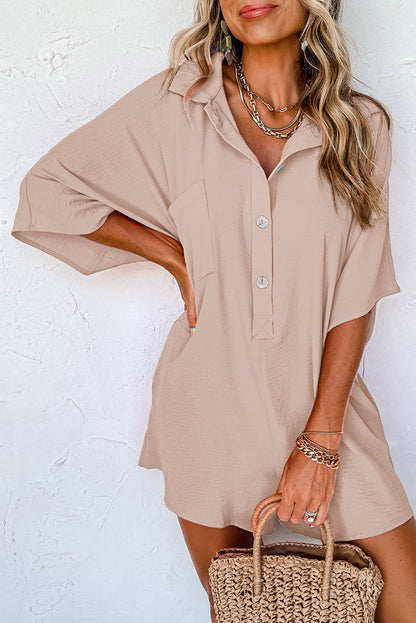 Black Plain Half Button Collared Pocket Loose Romper