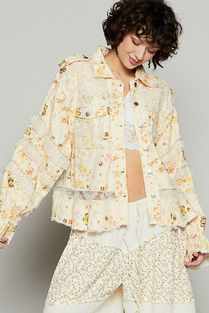 POL Raw Hem Lace Patch Flounce Sleeve Jacket