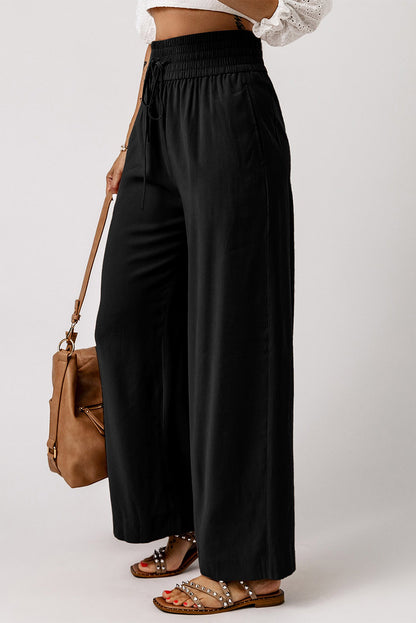 Black Casual Drawstring Shirred Elastic Waist Wide Leg Pants