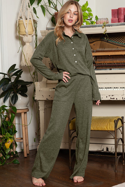 Brown Ribbed Henley Shirt and Wide Leg Pants Loungewear Set