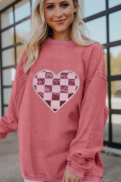 Strawberry Pink Checkered Heart Graphic Ribbed Valentines Sweatshirt