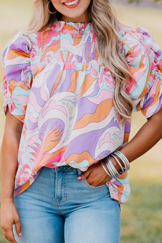 Pink Abstract Print Smocked Bubble Sleeve Blouse