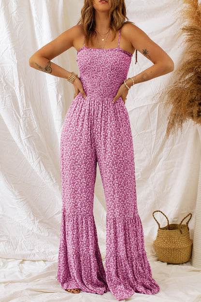 Phalaenopsis Floral Thin Straps Smocked Bodice Wide Leg Jumpsuit