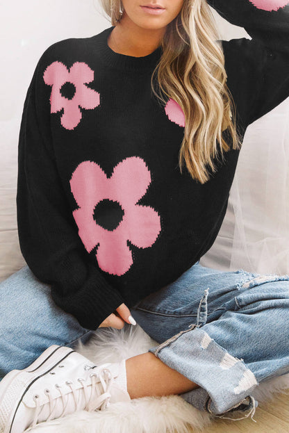 Black Flower Pattern Ribbed Trim Knit Sweater