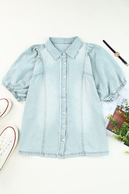 Distressed Bubble Sleeve Denim Shirt