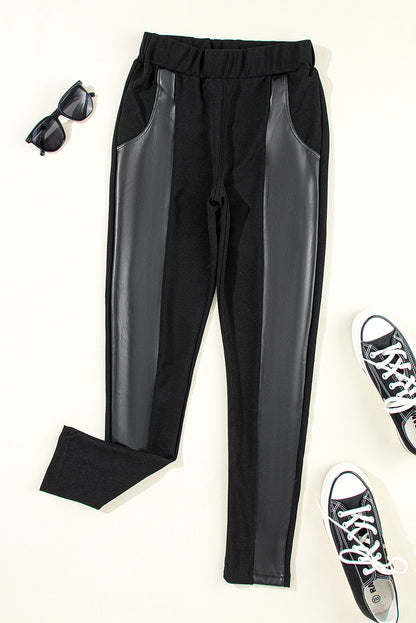 Black Leather Panel Splicing High Waist Leggings