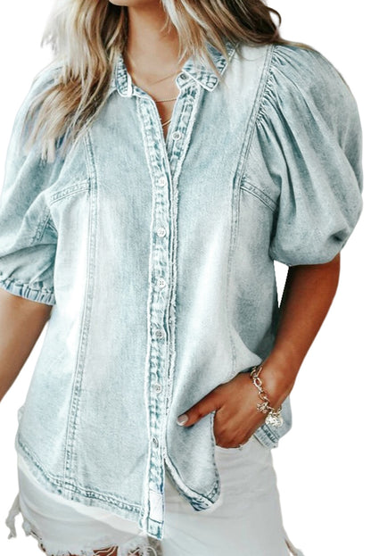 Distressed Bubble Sleeve Denim Shirt