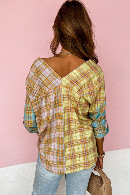 Mixed Plaid Long Sleeve V Neck Buttoned Shirt