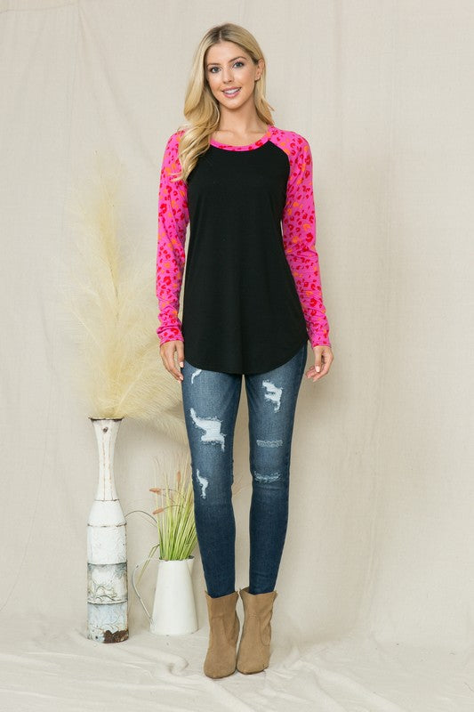 Plus Solid Leopard Contrast Long Sleeve Top