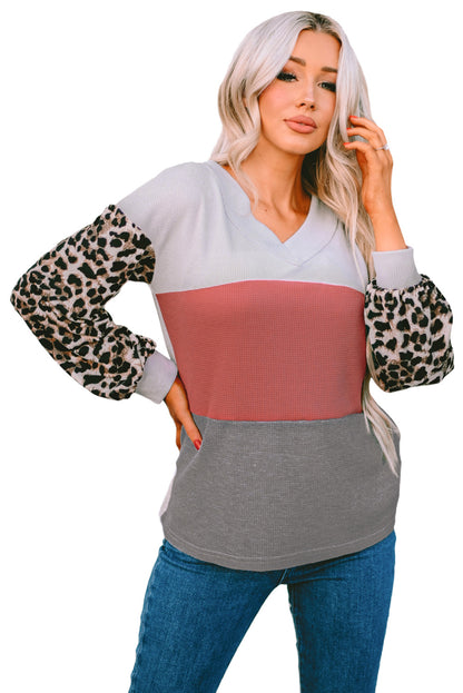 Leopard Print Color Block V Neck Waffle Knit Long Sleeve Top