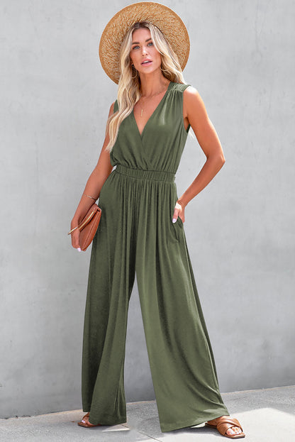 Jungle Green Deep V Pocketed Pleated Wide Leg Jumpsuit