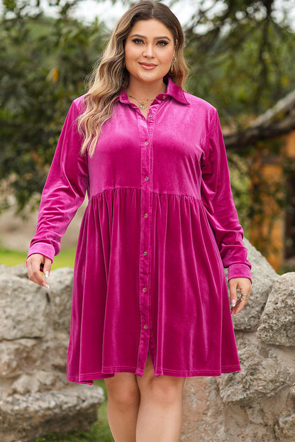 Rose Red Plus Velvet Button Up Long Sleeve Babydoll Dress