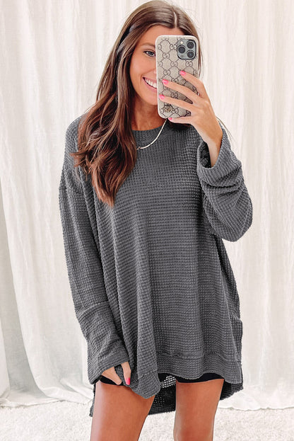 Black Plain Waffle Knit Drop Sleeve Side Slits Oversized Top