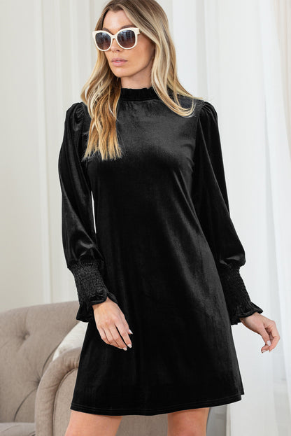 Black Velvet Frill Neck Long Sleeve Shift Dress