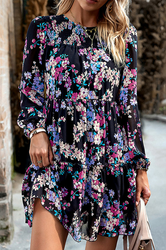 Black Boho Floral Long Sleeve Tiered Mini Dress