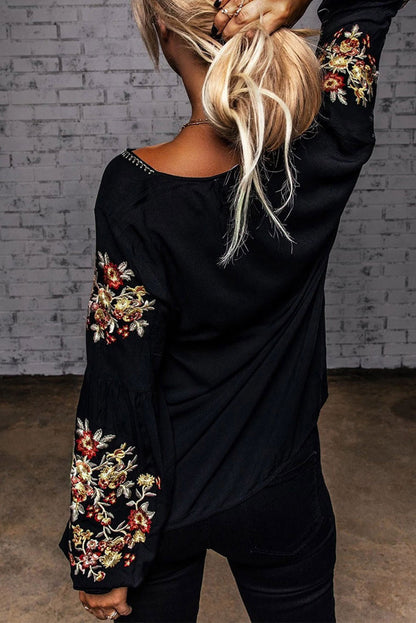 Black Flower Embroidered Jewel Neckline Long Sleeve Shirt