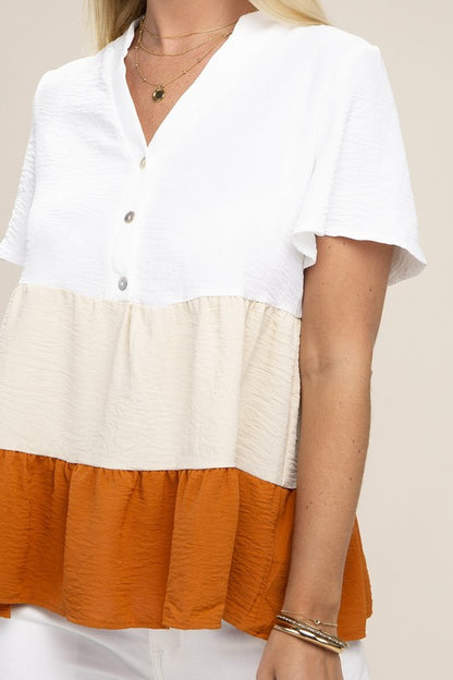 Color Block Notched Neck Blouse