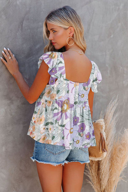 Purple Floral Print Flowy Flutter Sleeveless Shirt