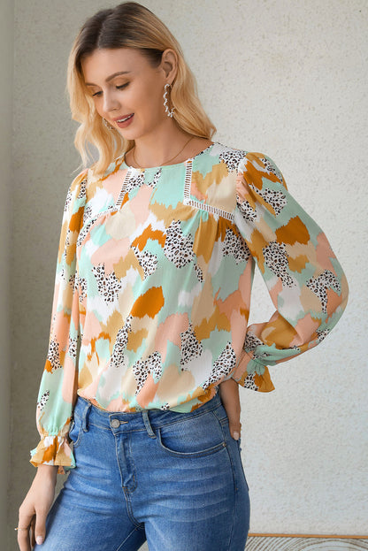 Multicolor Abstract Print Boho Ruffle Long Sleeve Blouse