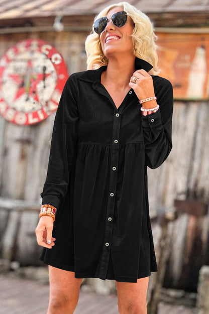 Red Long Sleeve Ruffle Velvet Button Up Shirt Dress