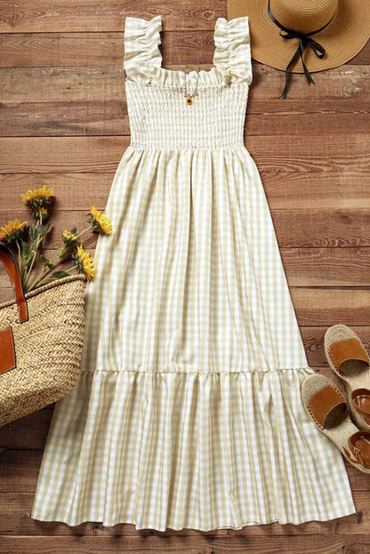 Khaki Plaid Ruffled Sleeveless Smocked Maxi Dress