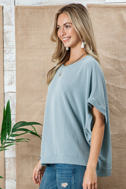 Sky Blue Plain Ribbed Knit Batwing Sleeve Tunic Oversized T Shirt