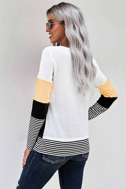 Color Block Stripes Trim Patchwork Casual Textured Long Sleeve Top