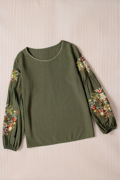 Black Flower Embroidered Jewel Neckline Long Sleeve Shirt