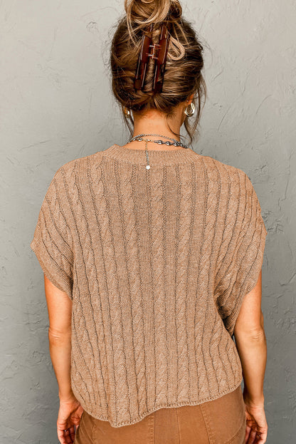 Chestnut Cable Knit Round Neck Short Sleeve Sweater