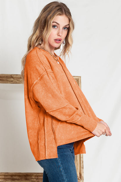 Orange Patchwork Long Sleeve Distress Pullover Top