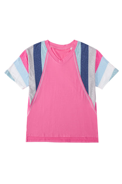 Stripe Patchwork V Neck T Shirt