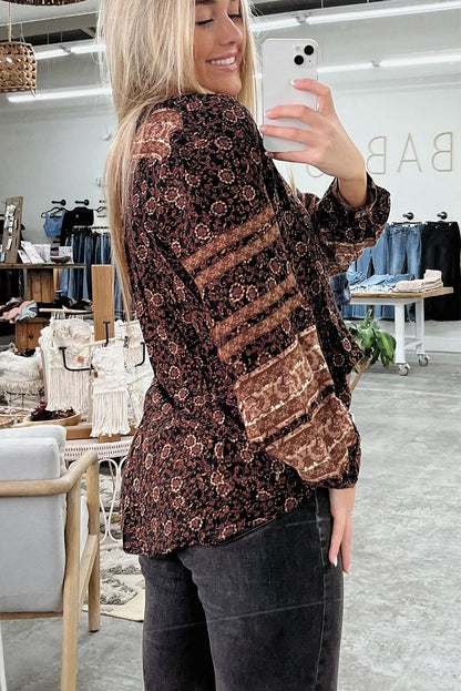 Brown Floral Print Boho Buttons Front Peasant Blouse