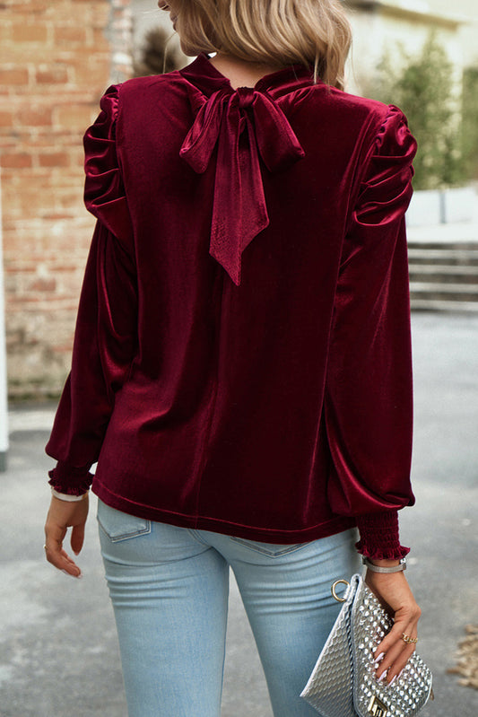 Red Mock Keyhole Neck Puff Sleeve Velvet Blouse