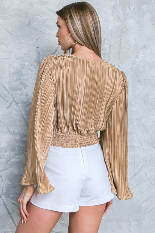 Camel Pleated Bell Sleeve Twist V Neck Cropped Blouse