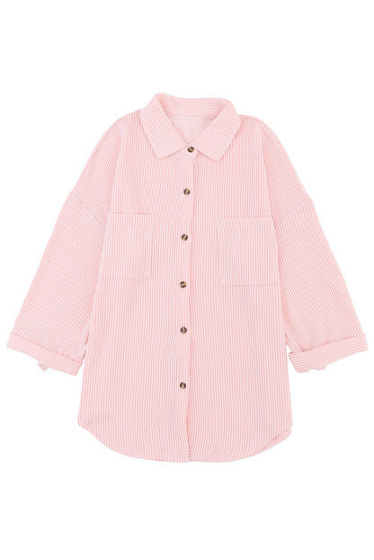 Pink Solid Color Textured Roll Tab Sleeve Shirt Jacket