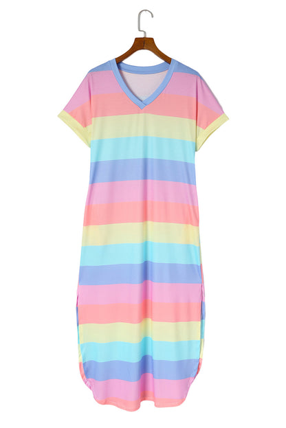 Multicolor Striped V Neck Side Slits T Shirt Dress with Pockets