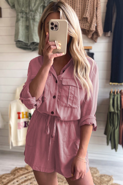 Pink Roll-up Sleeve Flap Pockets Drawstring Romper