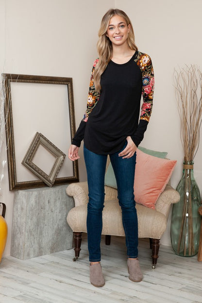 Plus Solid Floral Contrast Long Sleeve Top