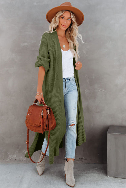 Beige Cable Knit Side Slits Open Front Duster Cardigan